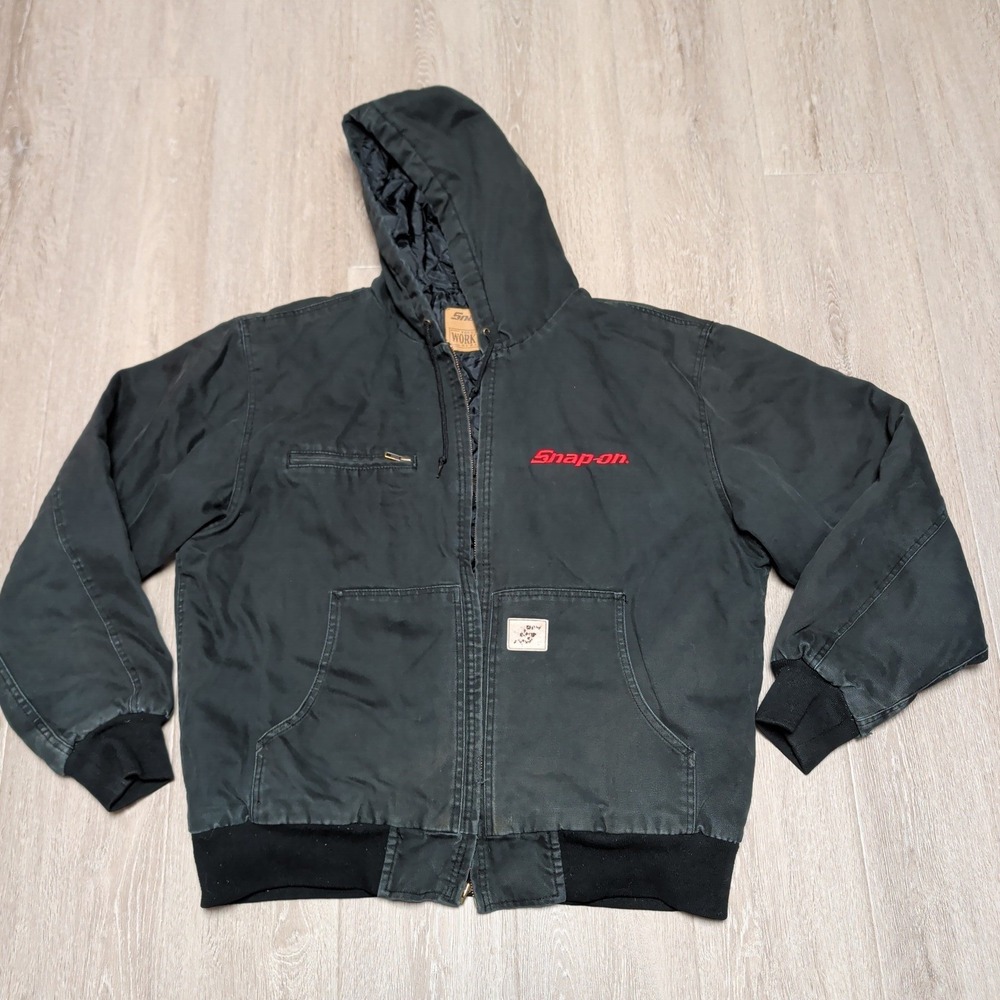 Vintage Snap-on Workwear Jacket Mens XL Black Quilt Lined Hooded Bomber Flaws
